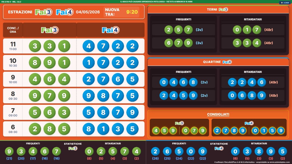 Schermata gioco Lottomatica Fai 3 Fai 4 sul software 10eLotto5Plus