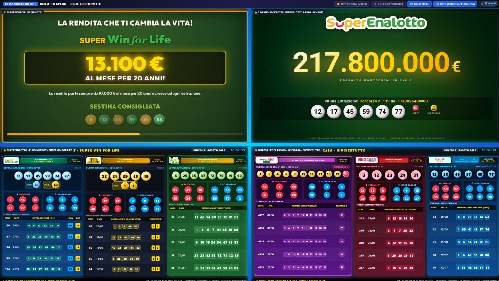 10eLotto 5 Plus - Divisione a 4 Schermate Solo Sisal su Maxischermo 55 Pollici